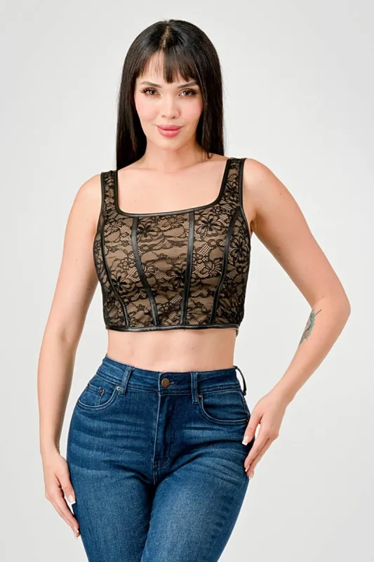 LUXE LACE CONTRAST SQUARE NECK CROPPED TANK TOP sold by privy