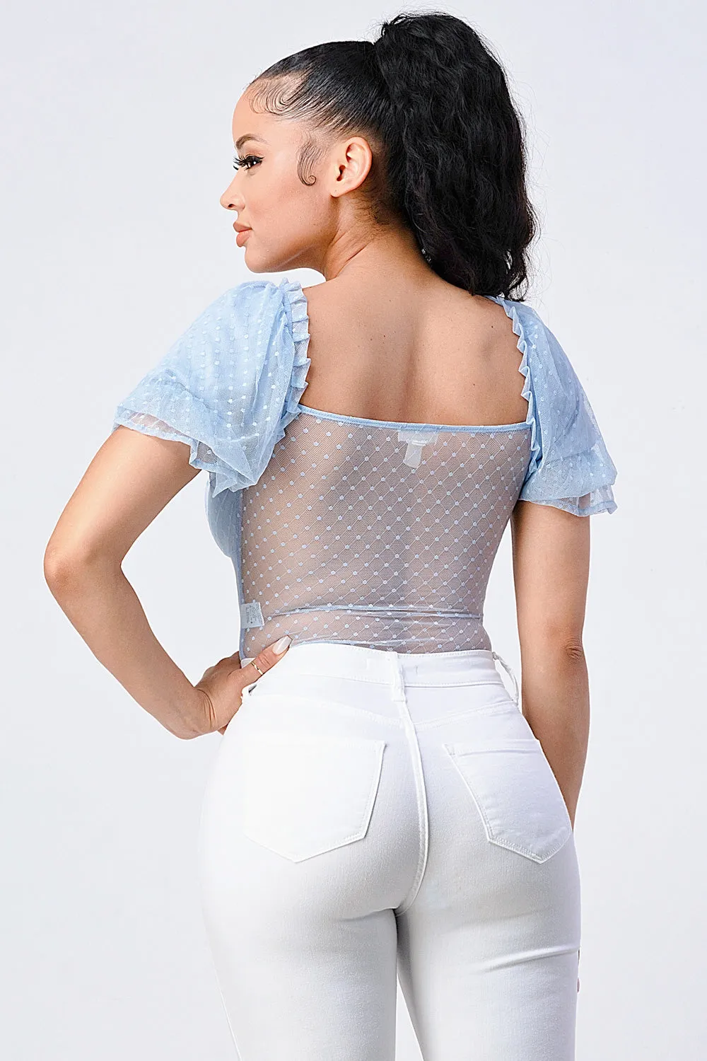 LUXE POLKADOT STRETCH MESH PUFF SLEEVE BODYSUIT sold by privy product image thumbnail 4