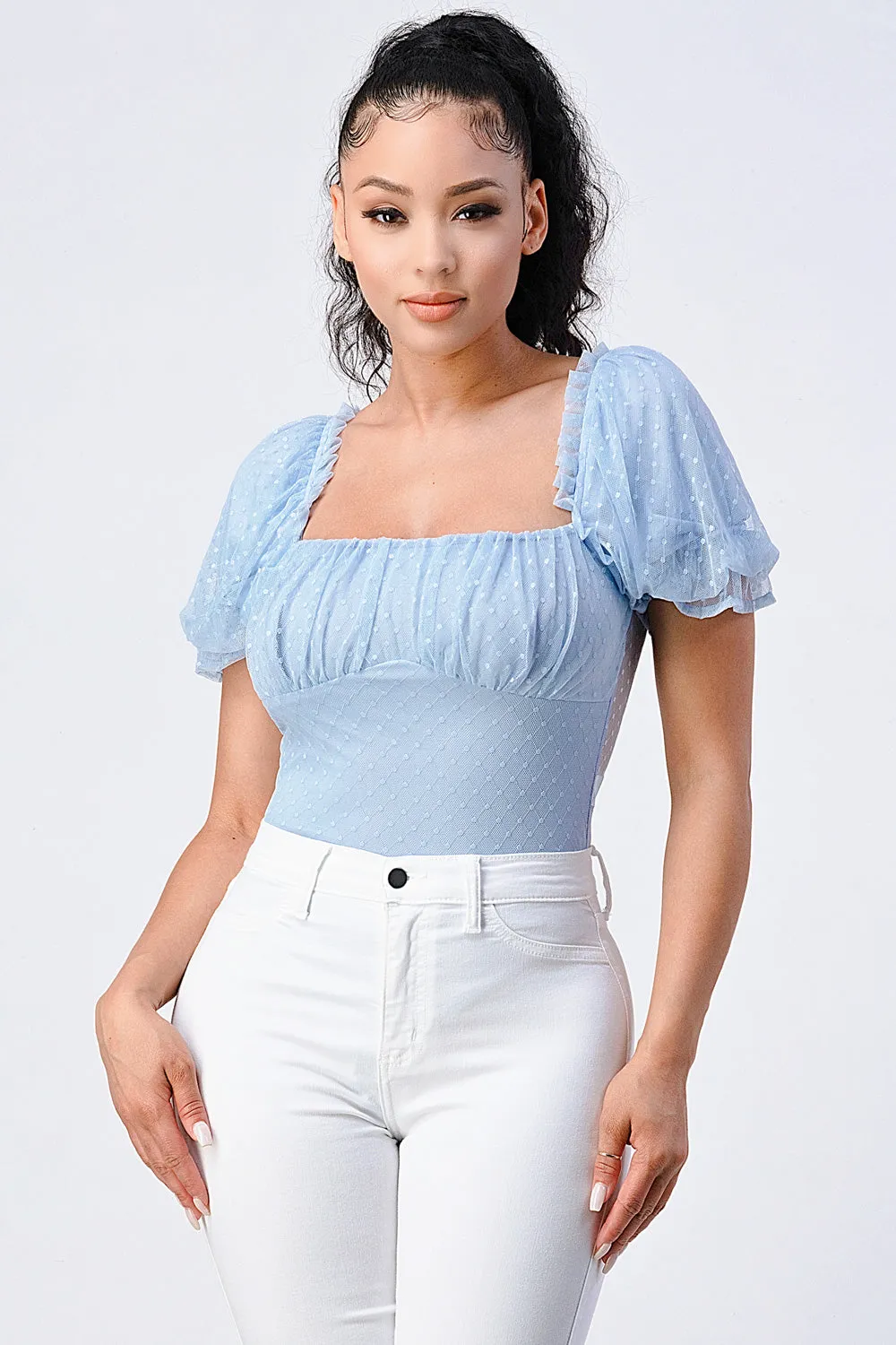 LUXE POLKADOT STRETCH MESH PUFF SLEEVE BODYSUIT sold by privy