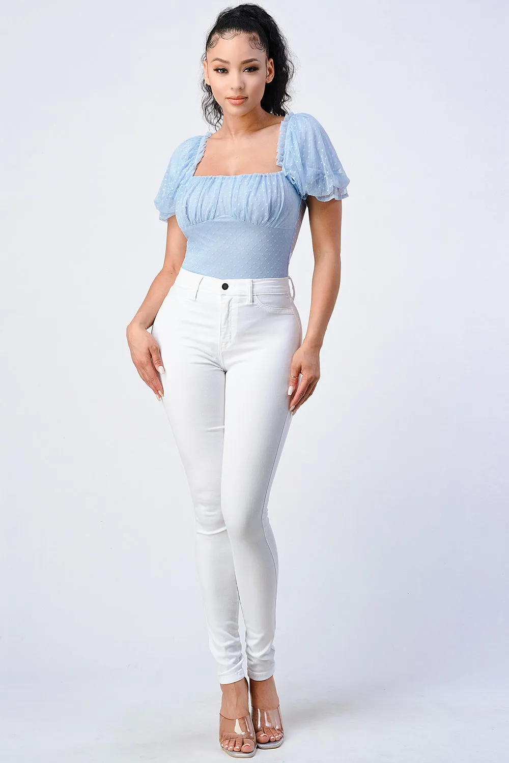 LUXE POLKADOT STRETCH MESH PUFF SLEEVE BODYSUIT sold by privy product image thumbnail 5