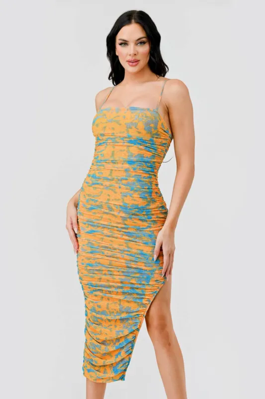 ABSTRACT TEXTURED MESH PRINT SLITTED MIDI DRESS sold by privy