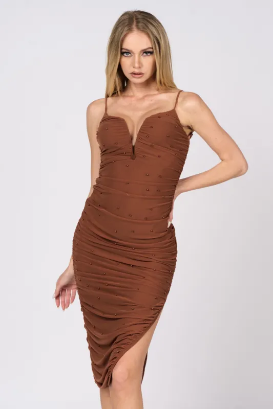 LUXE PEARLS MESH SWEETHEART SLIT RUCHED MIDI DRESS sold by privy