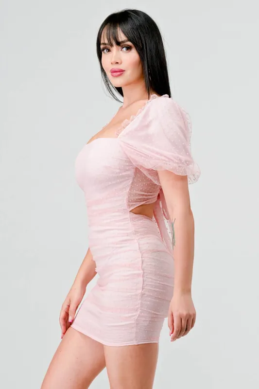 MESH DOT PUFF SLEEVE BACK TIE BODYCON MINI DRESS sold by privy