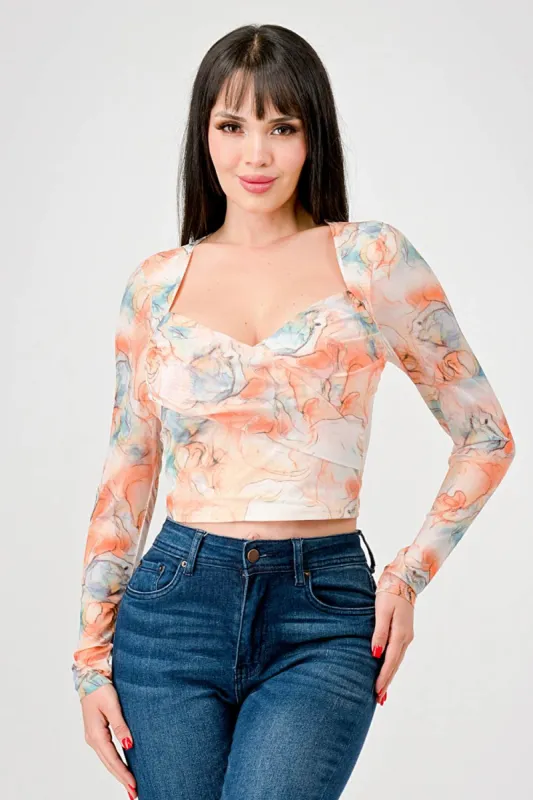 ROMANTIC TIE DYE PRINT MESH SWEETHEART CROP TOP sold by privy
