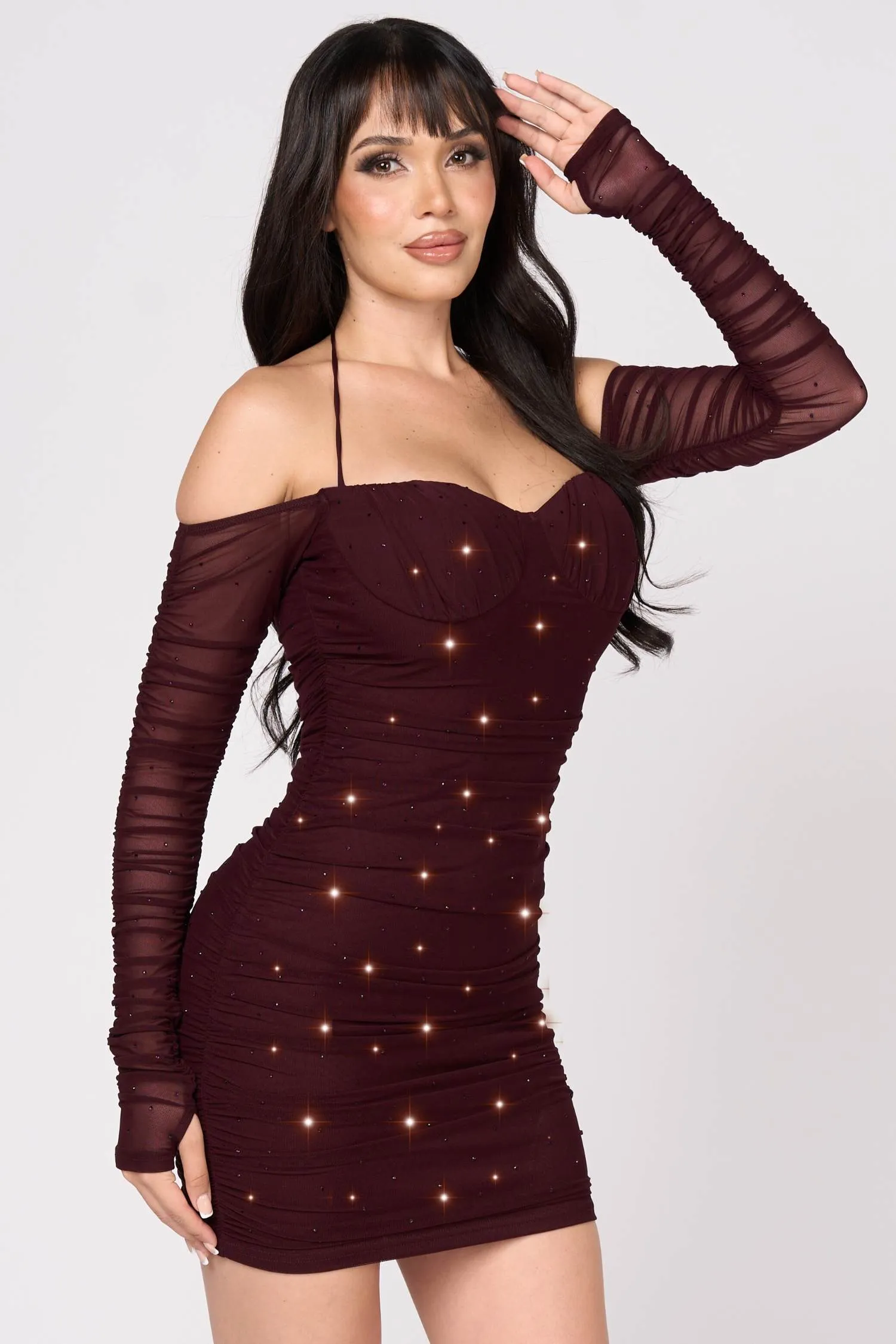 PD77321NST / Mesh with Hotfix Rhinestone Long Sleeve Mini Dress sold by privy