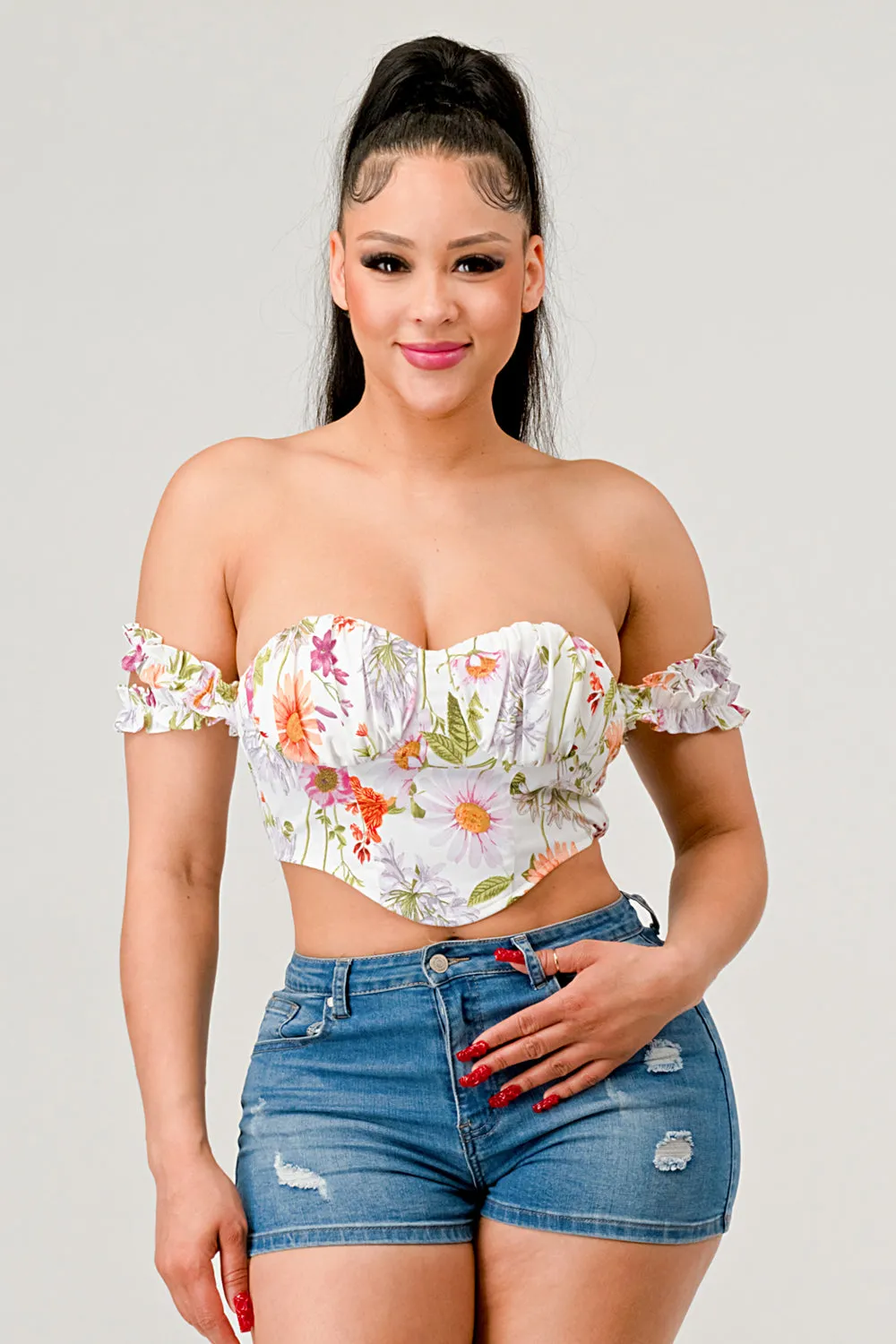 FLORAL SWEETHEART OFF SHOULDER V-SHAPE BUSTIER TOP sold by privy