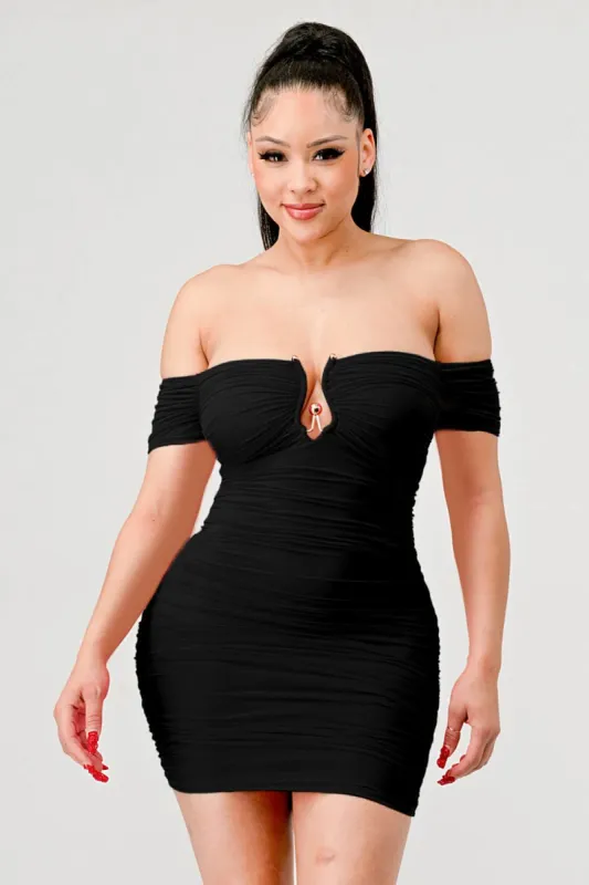 LUXE MESH OFF SHOULDER SWEETHEART RUCHED MINI DRESS sold by privy
