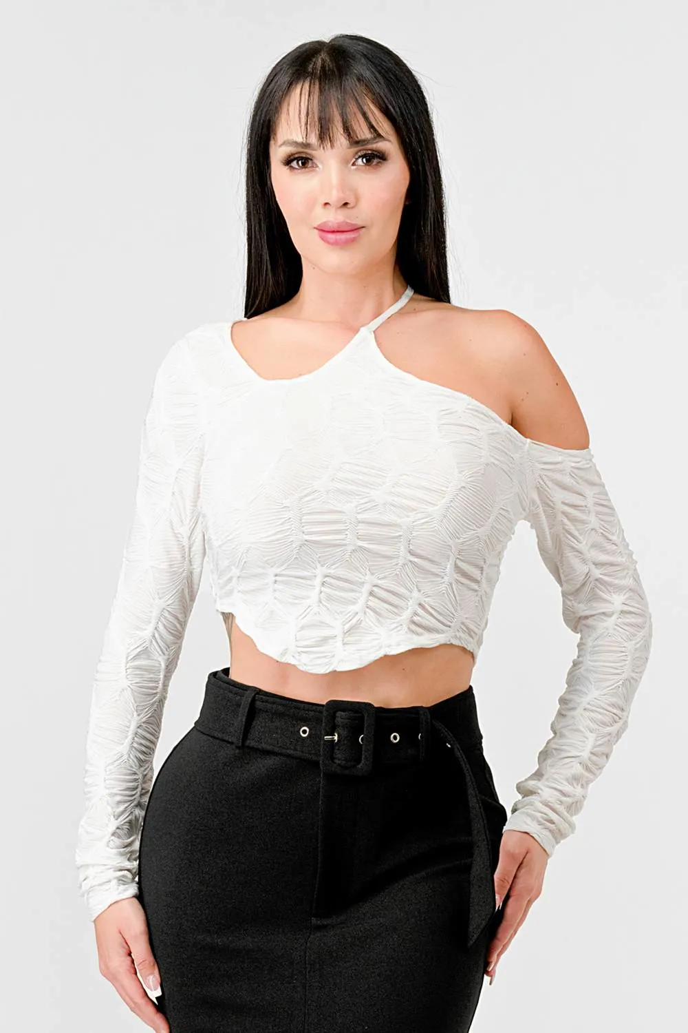 LUXE ASYMMETRIC COLD SHOULDER CROP TOP sold by privy