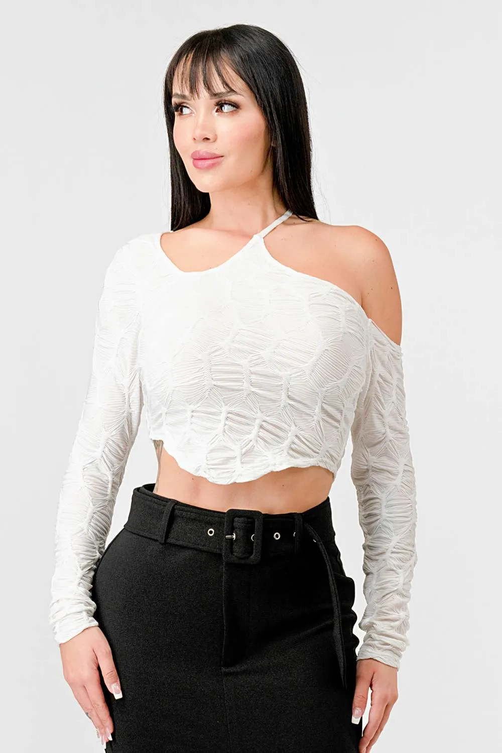 LUXE ASYMMETRIC COLD SHOULDER CROP TOP sold by privy product image thumbnail 2