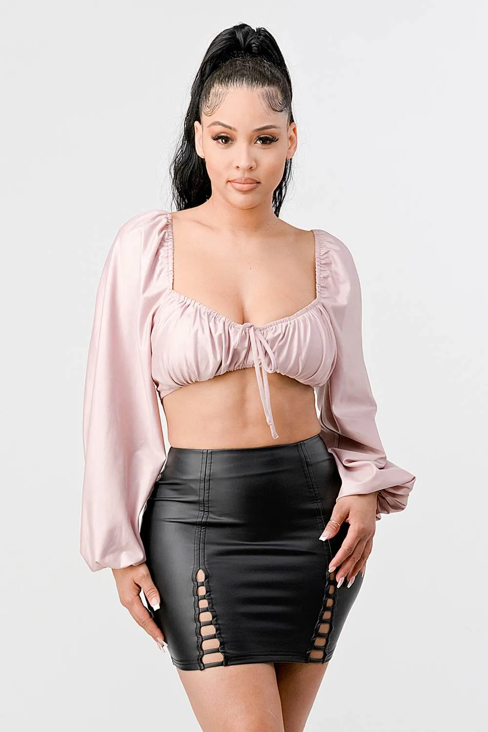 LUX COATING RUCHED SQUARE NECK CROP TOP sold by privy
