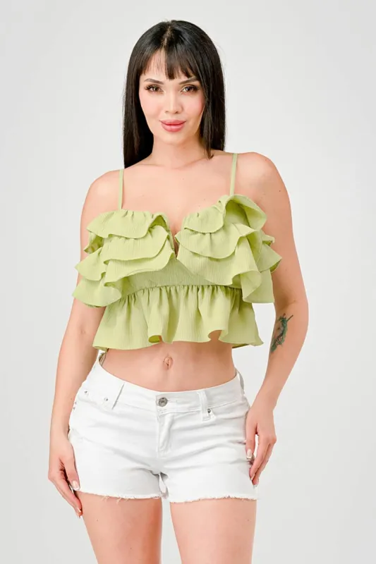 SEXY RUFFLED TIERED SMOCKED BACK CAMI CROPPED TOP sold by privy
