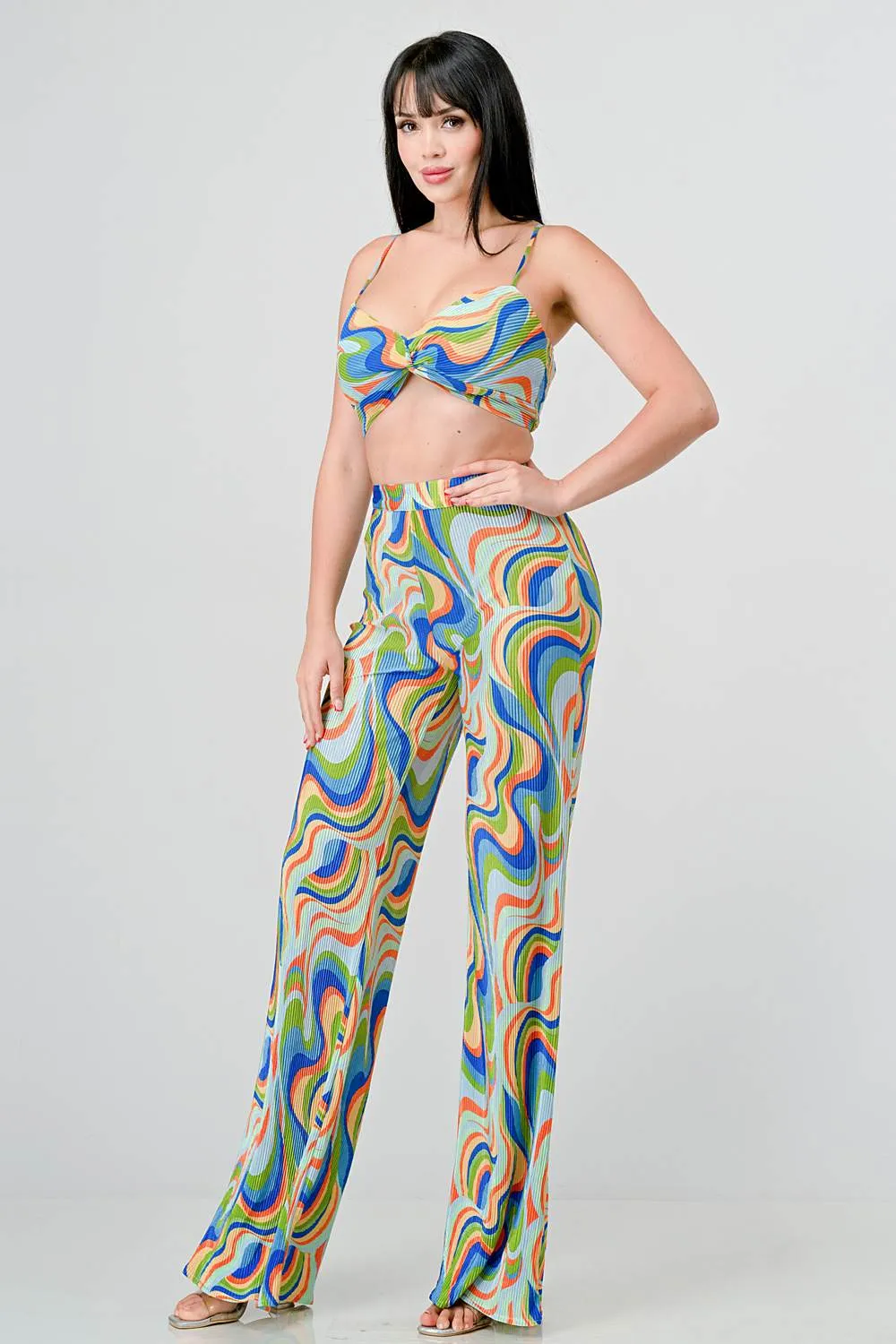 SHINY MULTI COLOR WAVY PRINTED TOP AND PANTS SET sold by privy product image thumbnail 2