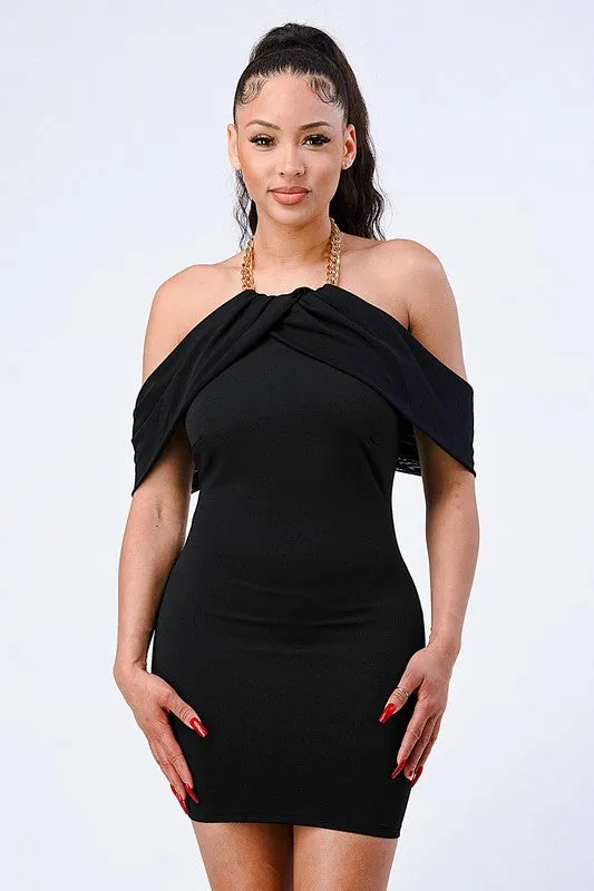 PD72091N-W / LUX GOLD CHAIN NECKLACE OFF SHOULDER OPEN BACK DRESS sold by privy