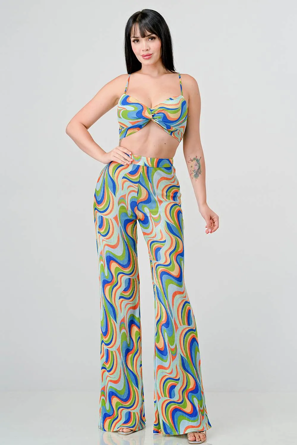 SHINY MULTI COLOR WAVY PRINTED TOP AND PANTS SET sold by privy