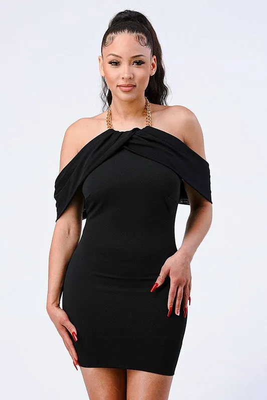 PD72091N-W / LUX GOLD CHAIN NECKLACE OFF SHOULDER OPEN BACK DRESS sold by privy product image thumbnail 2