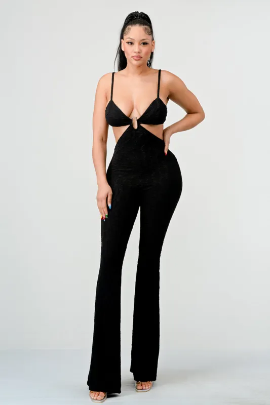 LUX DIAMOND TEXTURED KNIT SIDE CUTOUTS JUMPSUIT sold by privy