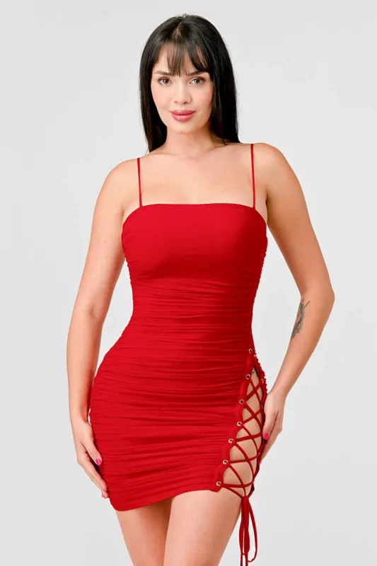 PD76297N / SEXY MESH LACE UP SIDE DETAIL BODYCON MINI DRESS sold by privy