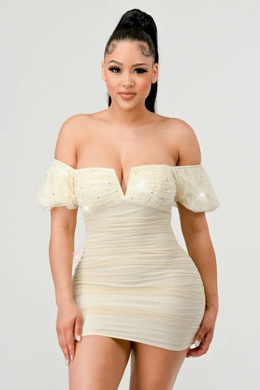 LUX RHINESTONE MESH OFF SHOULDER RUCHED MINI DRESS sold by privy