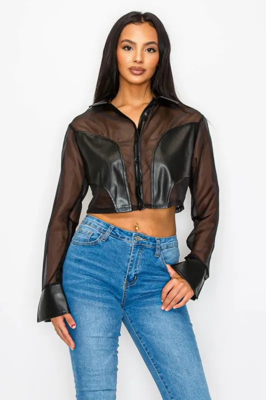 CHIC ORGANZA SEE-THRU PLEATHER DETAIL CROPPED TOP sold by privy