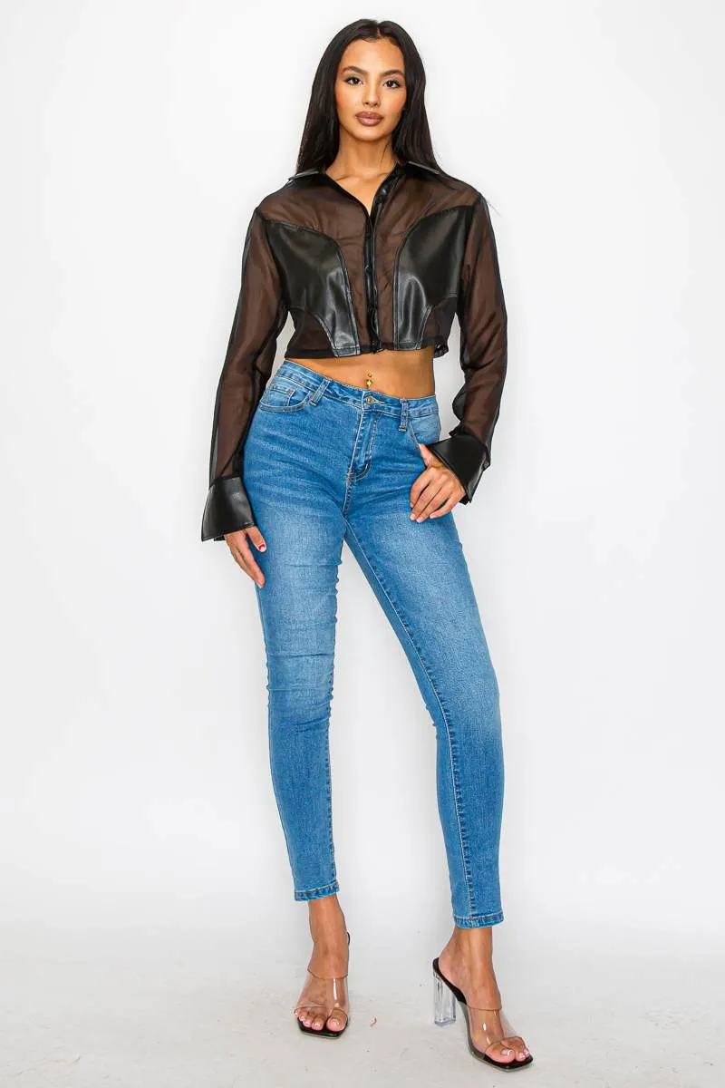 CHIC ORGANZA SEE-THRU PLEATHER DETAIL CROPPED TOP sold by privy product image thumbnail 5