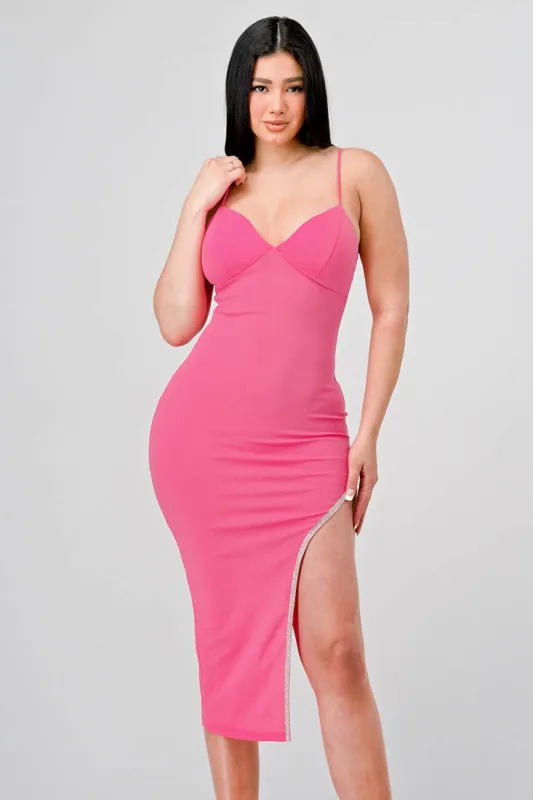 SEXY TECHNO CREPE SIDE SLIT BODYCON MIDI DRESS sold by privy