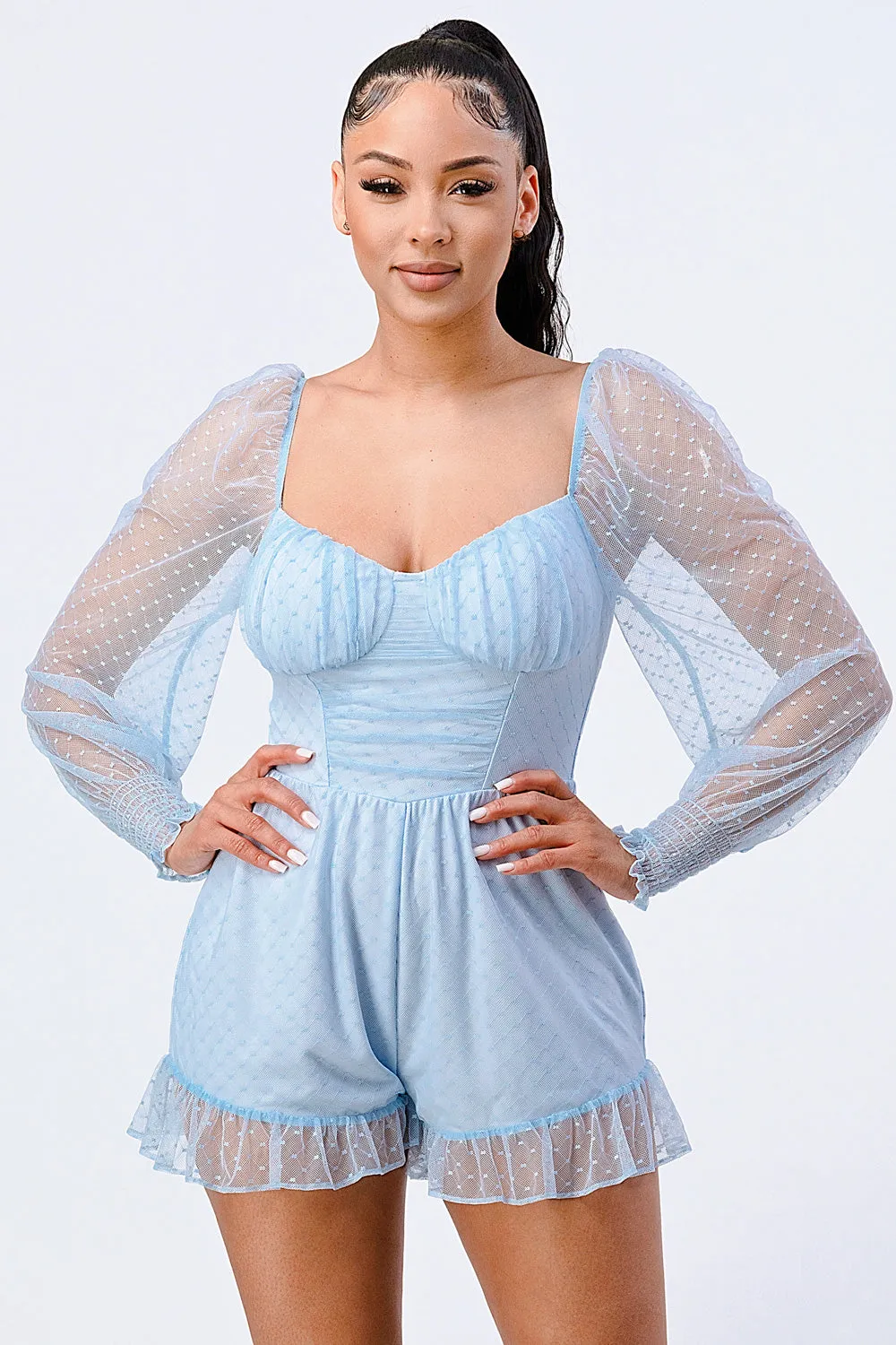 POLKA DOT MESH SWEETHEART RUFFLED ROMPER sold by privy
