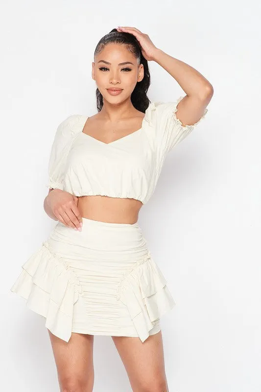 ULTRA POPLIN RUFFLE CINCHED TOP AND MINI SKIRT SET sold by privy