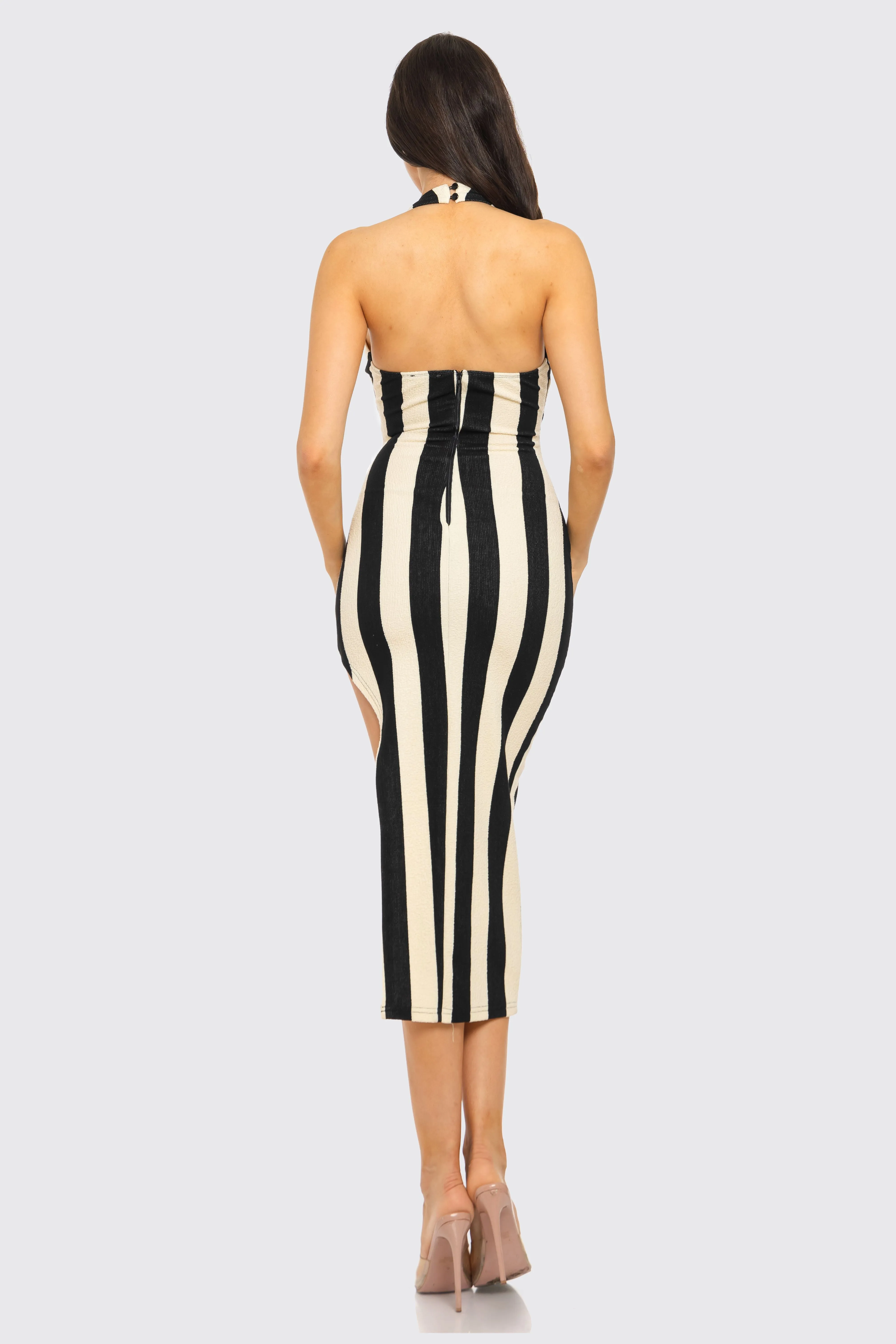 SEXY STRIPE HALTER NECK OPEN BACK SLIT MIDI DRESS sold by privy product image thumbnail 3
