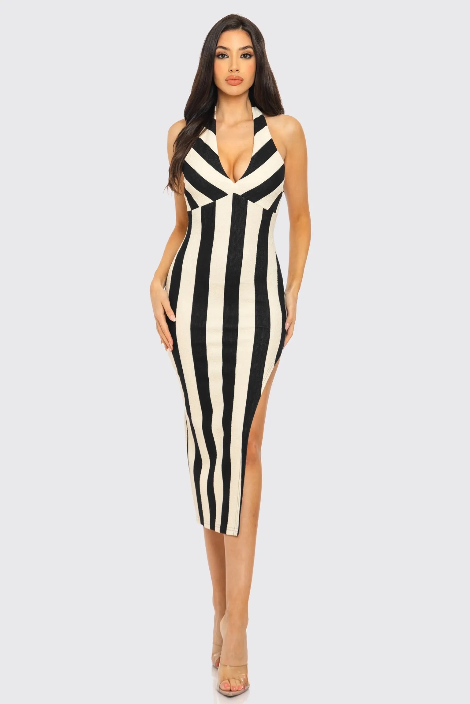 SEXY STRIPE HALTER NECK OPEN BACK SLIT MIDI DRESS sold by privy product image thumbnail 4