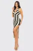 SEXY STRIPE HALTER NECK OPEN BACK SLIT MIDI DRESS sold by privy