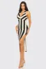 SEXY STRIPE HALTER NECK OPEN BACK SLIT MIDI DRESS sold by privy