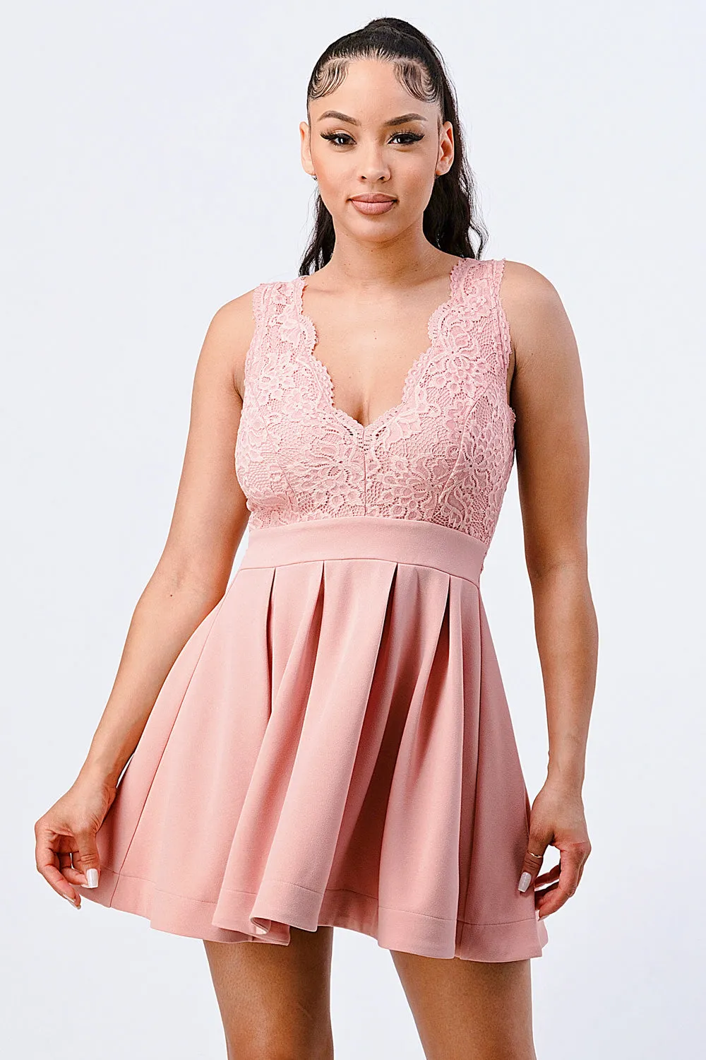 SURPLICE WITH LACE PLEATED FIT AND FLARE DRESS sold by privy