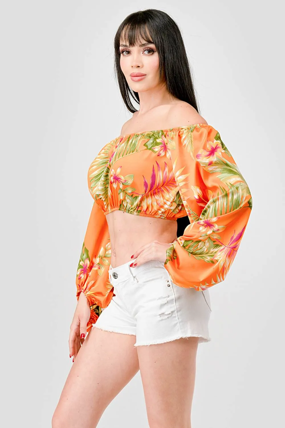 TROPICAL FLORAL PRINT SATIN OFF SHOULDER CROP TOP sold by privy product image thumbnail 3