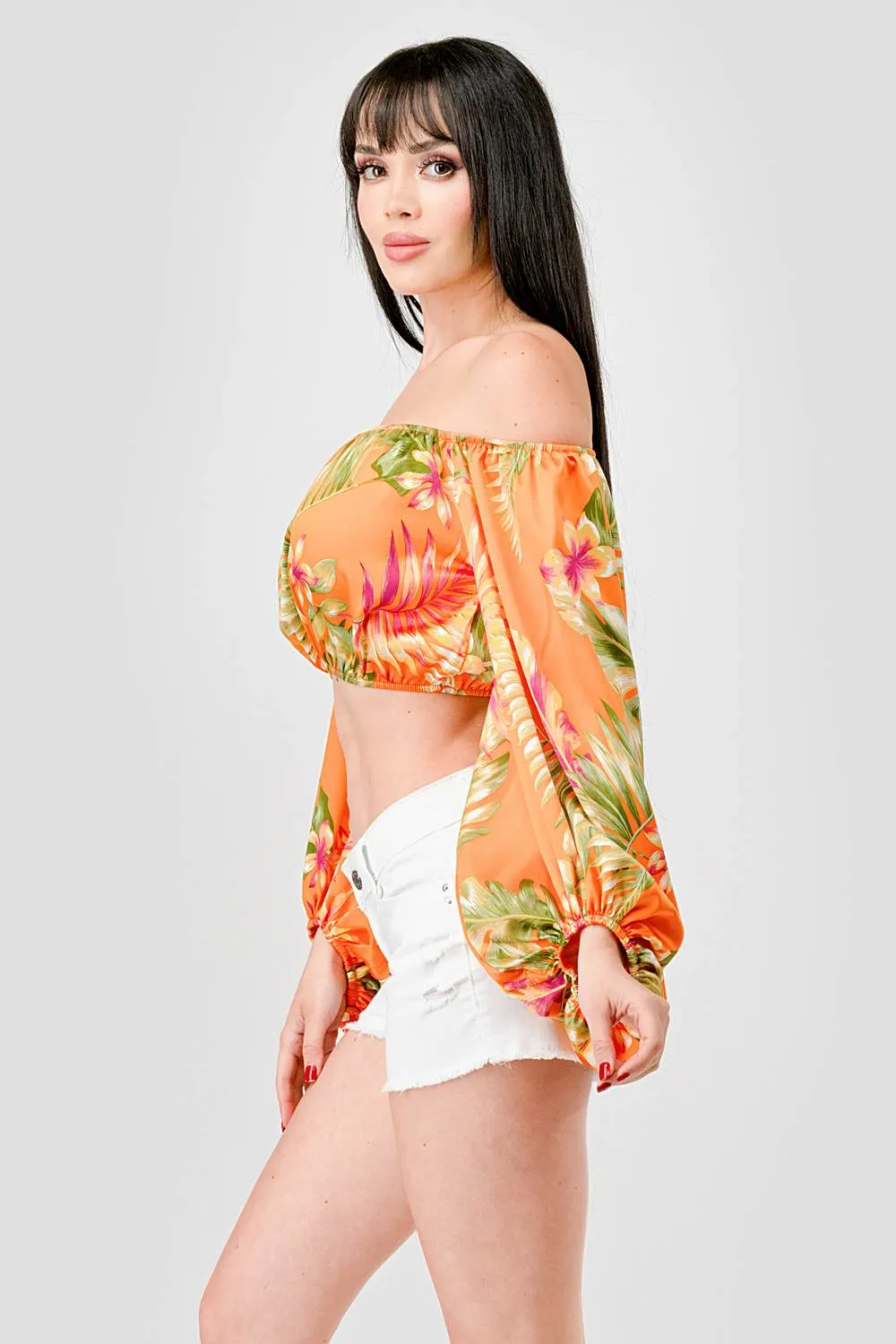 TROPICAL FLORAL PRINT SATIN OFF SHOULDER CROP TOP sold by privy product image thumbnail 4