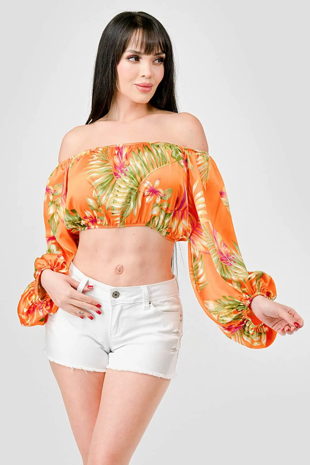 TROPICAL FLORAL PRINT SATIN OFF SHOULDER CROP TOP sold by privy