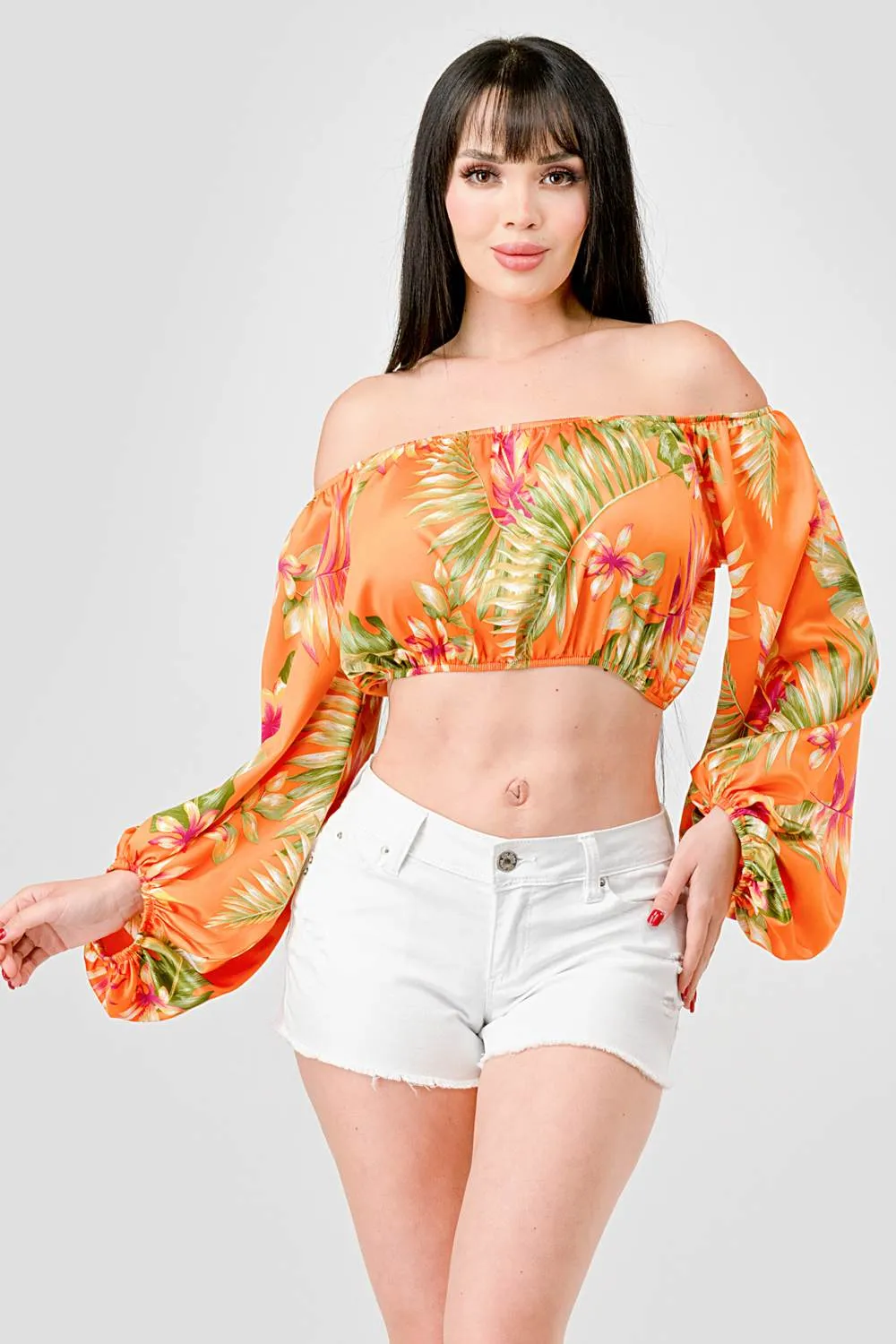 TROPICAL FLORAL PRINT SATIN OFF SHOULDER CROP TOP sold by privy product image thumbnail 2