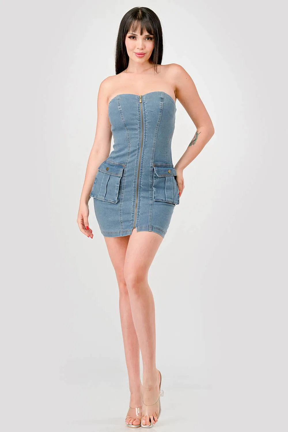 SEXY WASHED DENIM ZIPUP SIDE POCKETS TUBE DRESS sold by privy product image thumbnail 4