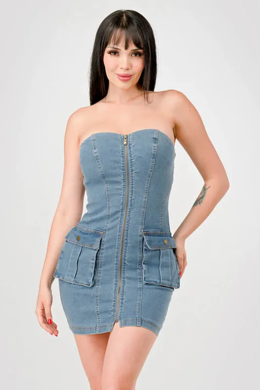 SEXY WASHED DENIM ZIPUP SIDE POCKETS TUBE DRESS made by privy