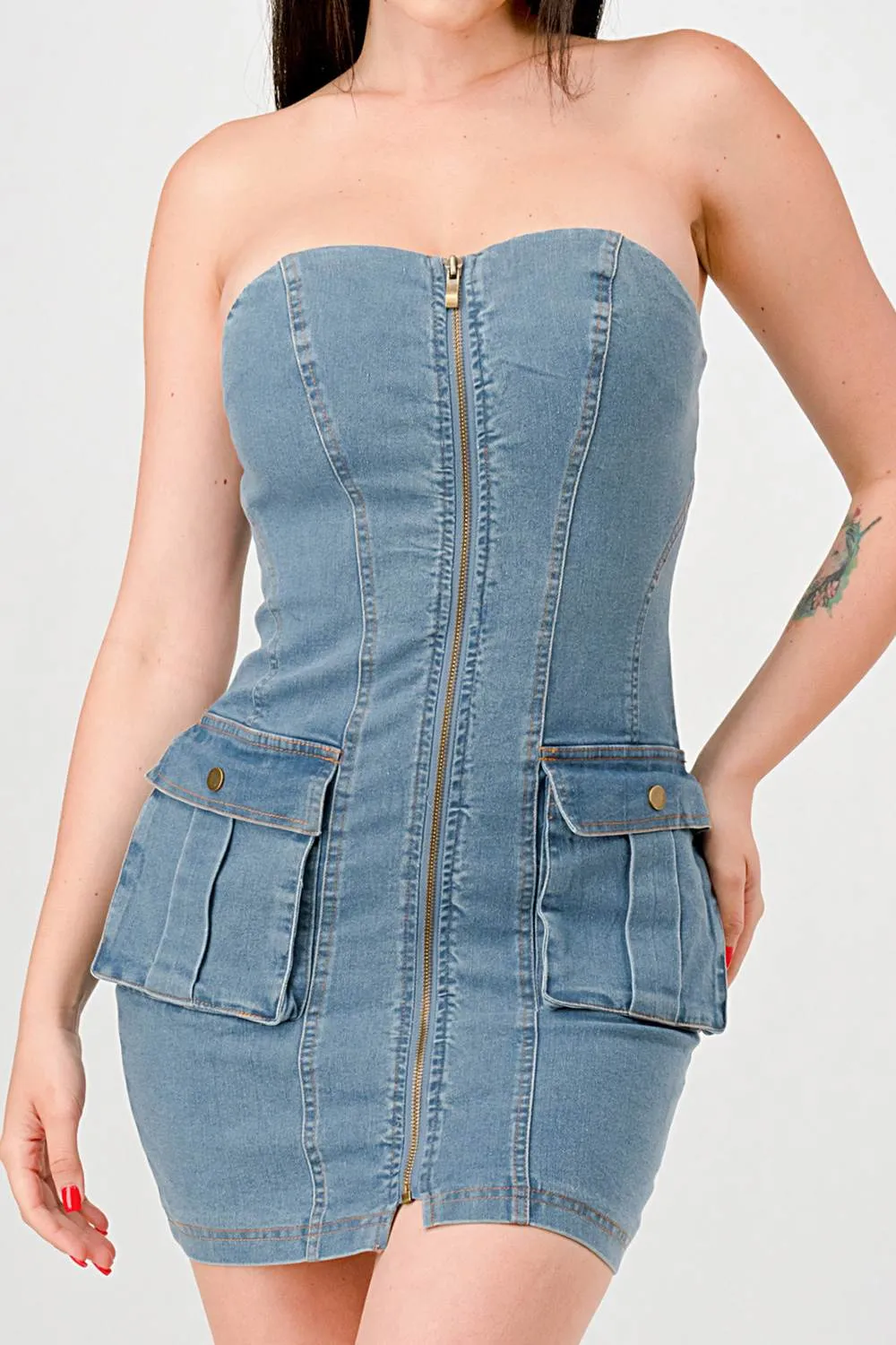 SEXY WASHED DENIM ZIPUP SIDE POCKETS TUBE DRESS sold by privy product image thumbnail 5