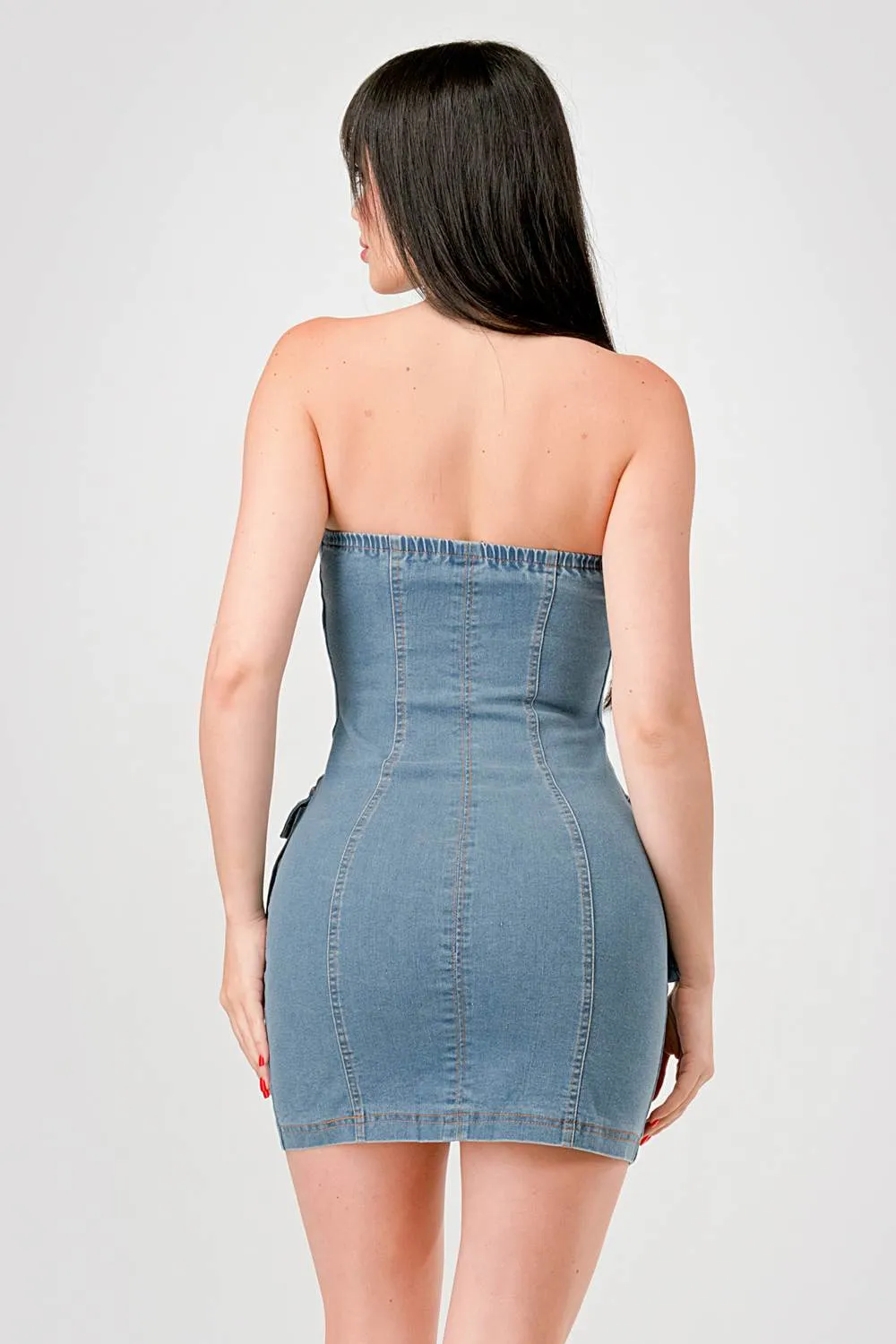 SEXY WASHED DENIM ZIPUP SIDE POCKETS TUBE DRESS sold by privy product image thumbnail 3
