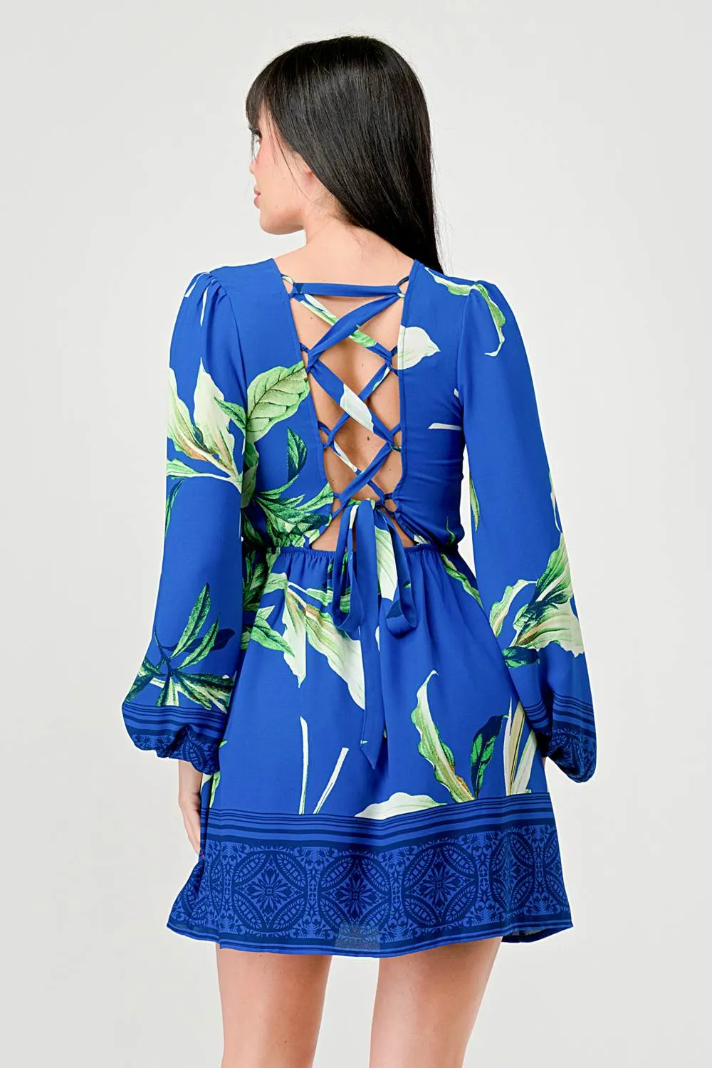 WOOL DOBBY PRINT DRAWSTRING LACE BACK MINI DRESS sold by privy product image thumbnail 4