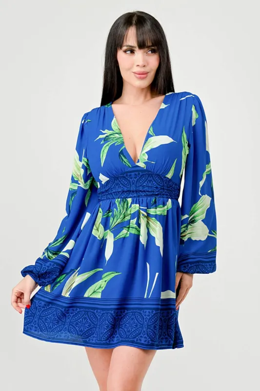 WOOL DOBBY PRINT DRAWSTRING LACE BACK MINI DRESS sold by privy