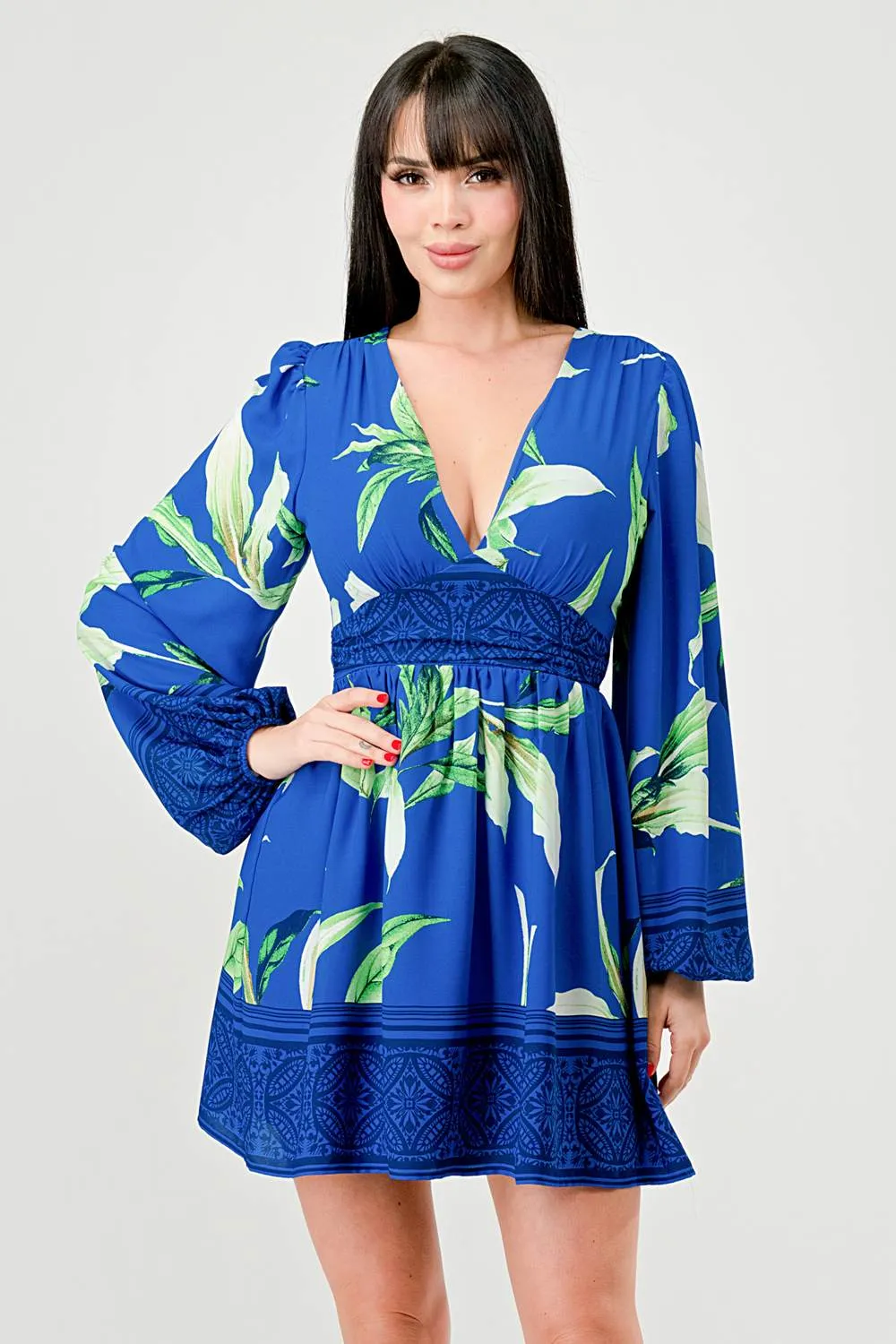 WOOL DOBBY PRINT DRAWSTRING LACE BACK MINI DRESS sold by privy product image thumbnail 2