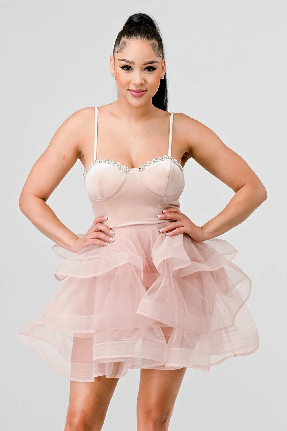 LUXE VELVET EMBELLISHED BUST SHEER RUFFLE DRESS sold by privy product image thumbnail 4