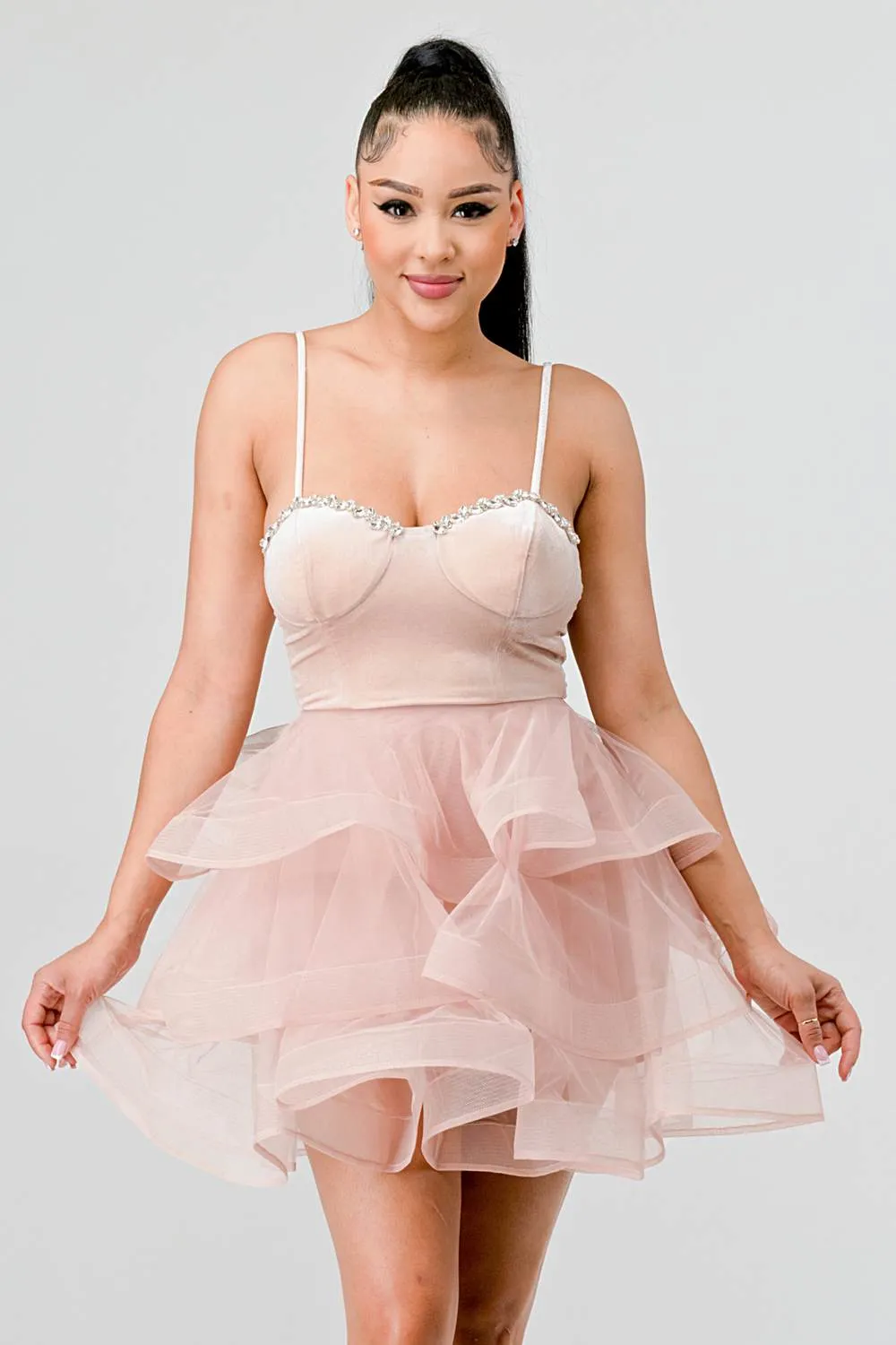 LUXE VELVET EMBELLISHED BUST SHEER RUFFLE DRESS sold by privy