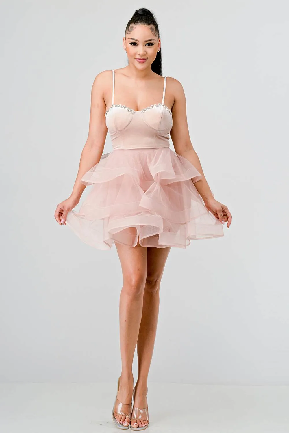 LUXE VELVET EMBELLISHED BUST SHEER RUFFLE DRESS sold by privy product image thumbnail 5