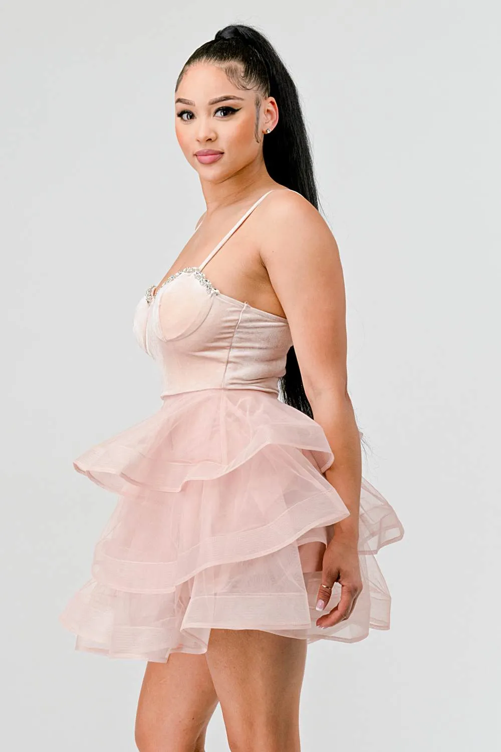 LUXE VELVET EMBELLISHED BUST SHEER RUFFLE DRESS sold by privy product image thumbnail 2