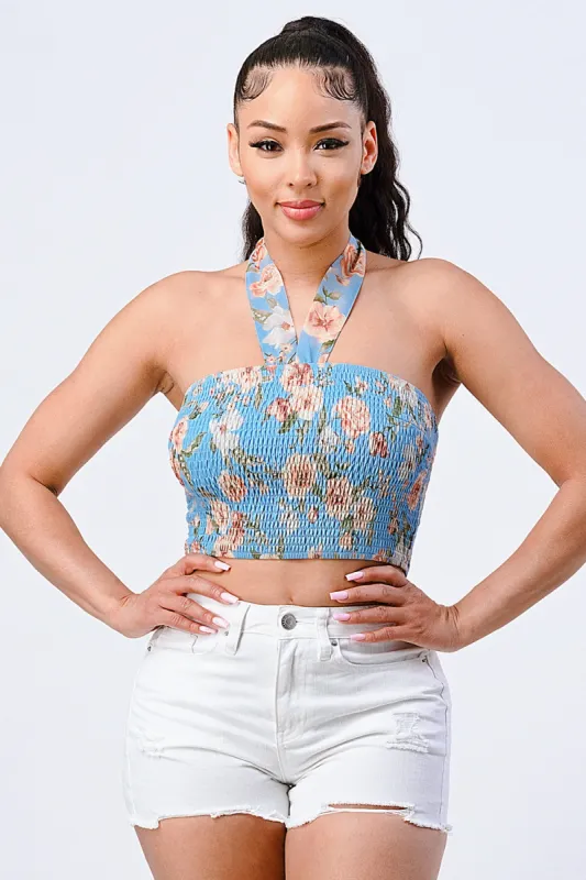 FLORAL HALTER SMOCKED TUBE TANK TOP sold by privy