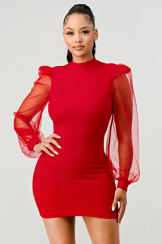 LUX CREPE MOCK NECK SHEER LONG SLEEVES MINI DRESS sold by privy