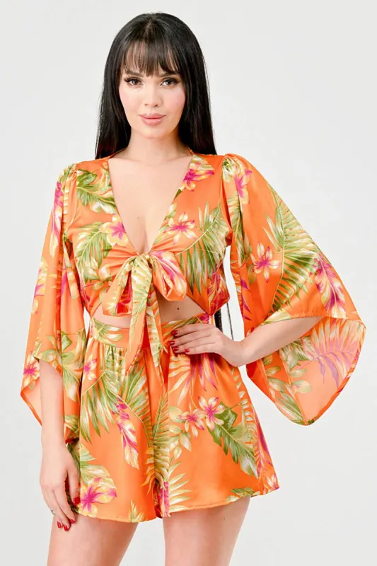 FLORAL PRINT SATIN KIMONO KNOT FRONT TIE ROMPER sold by privy